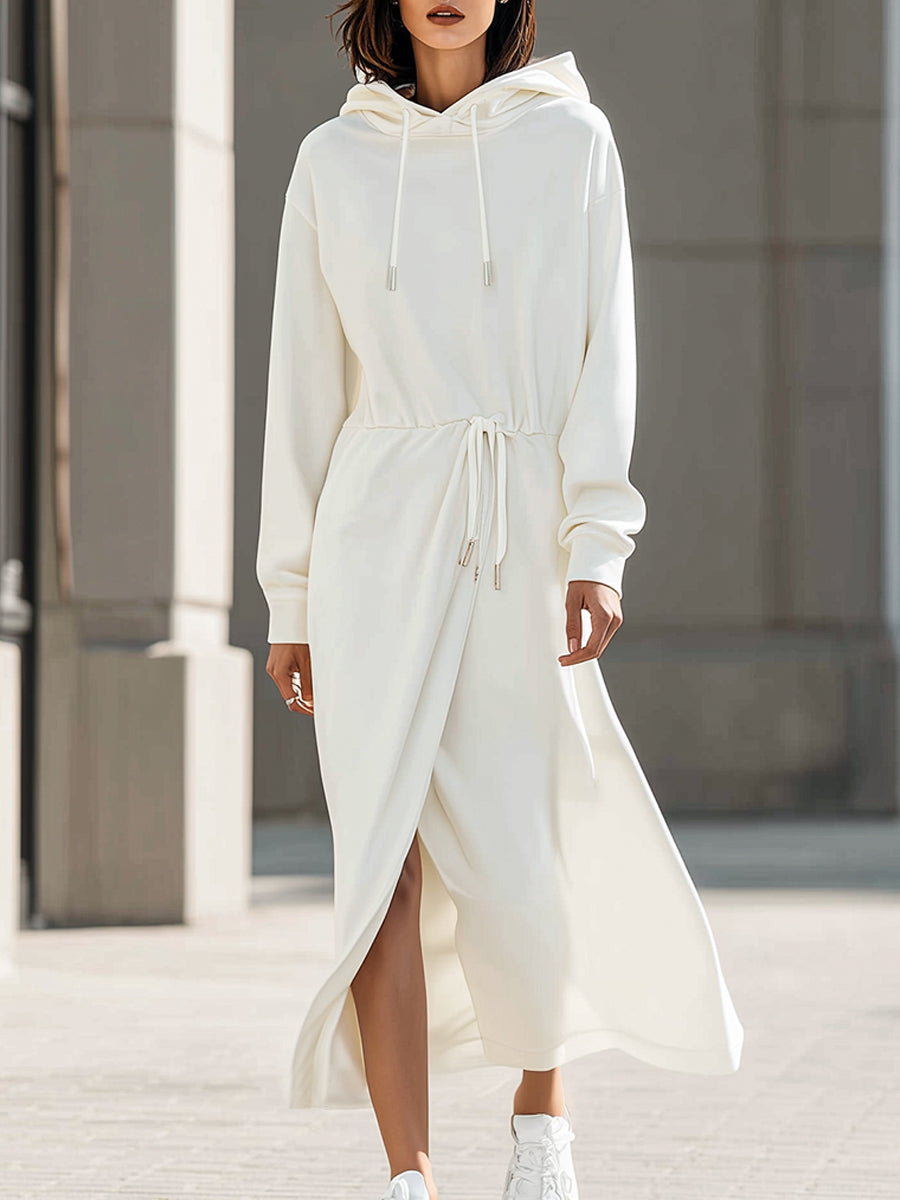 White Hooded Maxi Dress With Adjustable Drawstring Waist