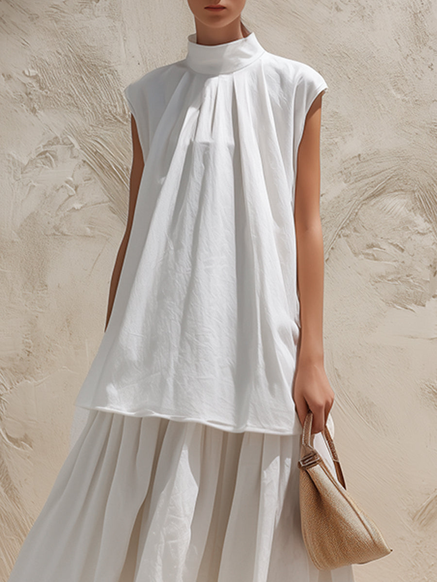 High-Neck Sleeveless Top & Pleated Maxi Skirt Coordinated Set