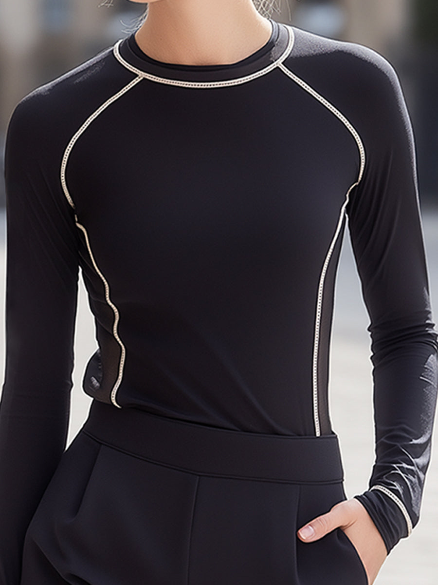 Color-Blocked Trim Mesh Panel Long-Sleeve Shorts Two-Piece Set