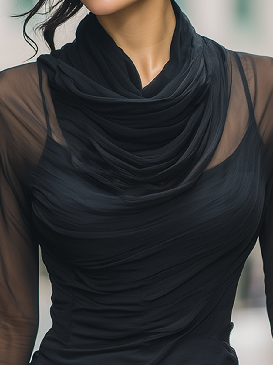 Sheer Draped Mesh Long-Sleeve Top