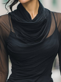 Sheer Draped Mesh Long-Sleeve Top