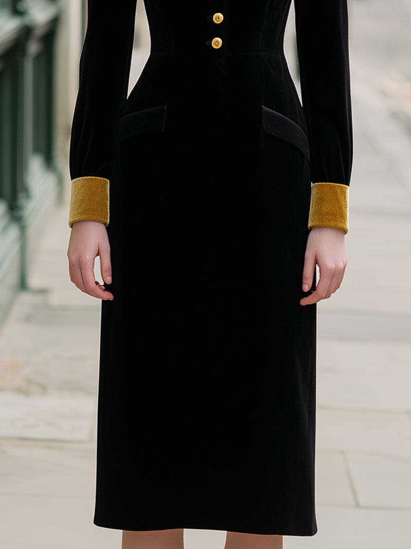 Lack Velvet Dress With Golden Contrast Collar And Cuffs