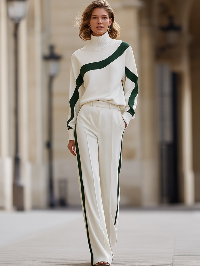 Luxury Curved-Stripe Turtleneck Top & Wide-Leg Trouser Set