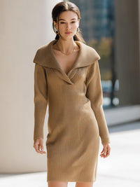 Camel Ribbed Knit Dress With Fold-Over Collar