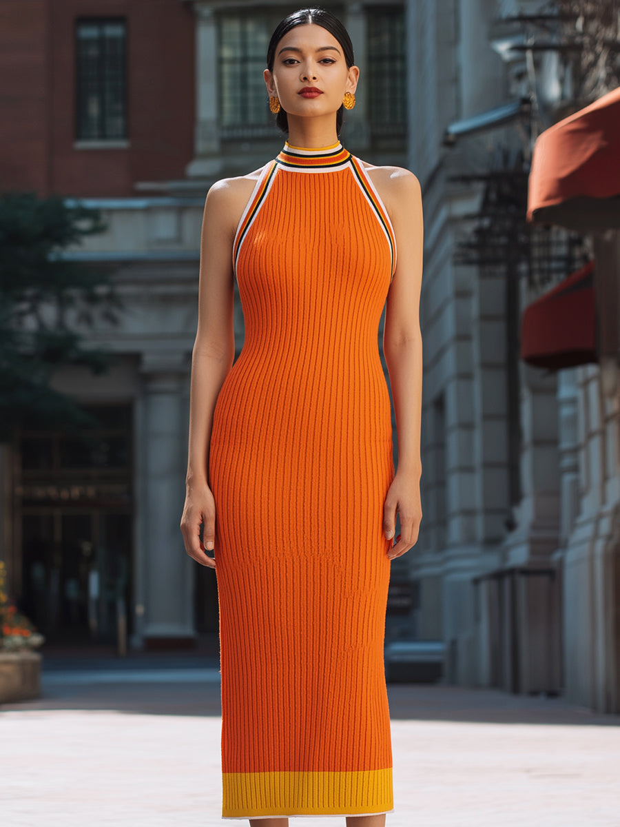 Color-Blocked Ribbed Knit Halter Dress