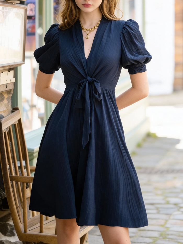 Navy Tie-Front V-Neck Puff Sleeve Mini Dress