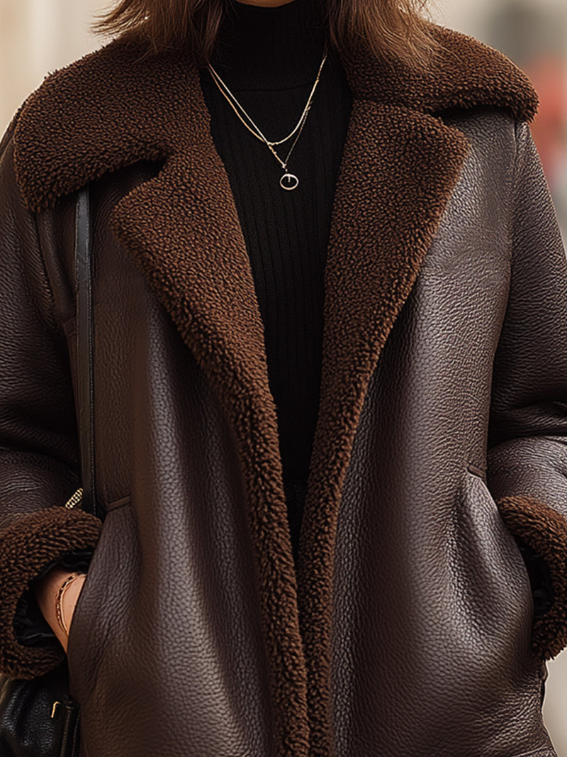 Chocolate Brown Faux Shearling Lined Leather Jacket