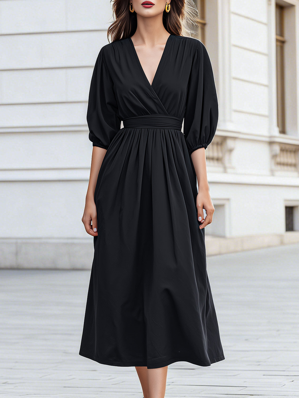 Puff-Sleeve Draped Midi Dress
