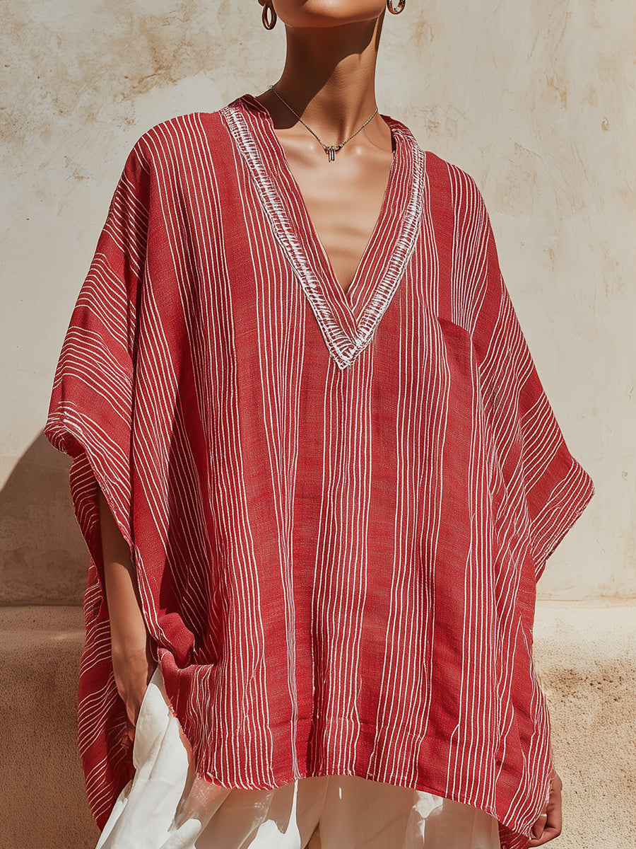 Relaxed Striped V-Neck Oversized Tunic Top