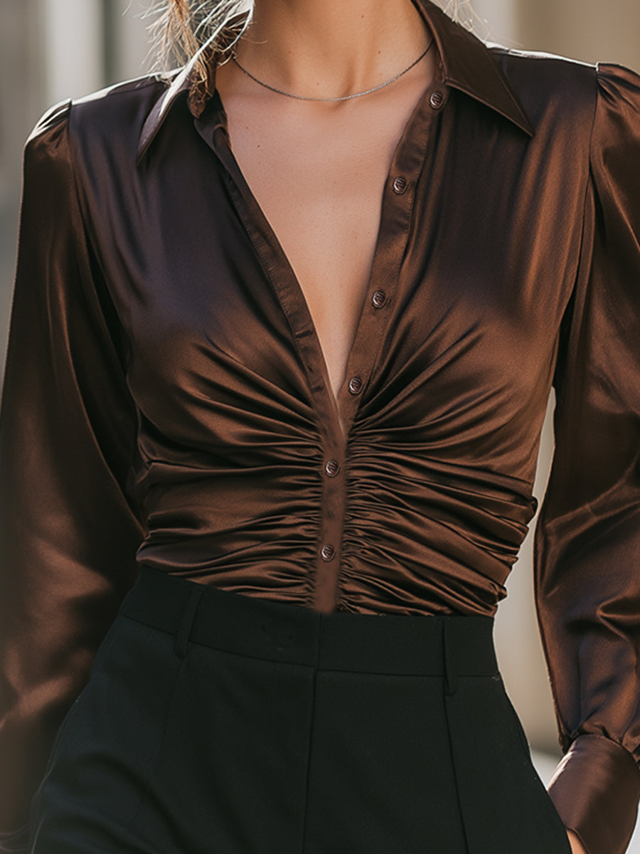 Chocolate Satin Ruched Button Blouse