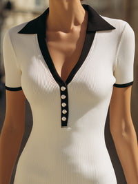 Ribbed Knit Polo Dress With Black Contrast Collar