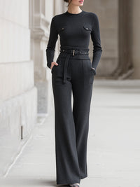 Elegant Black Ribbed Knit Belt Set