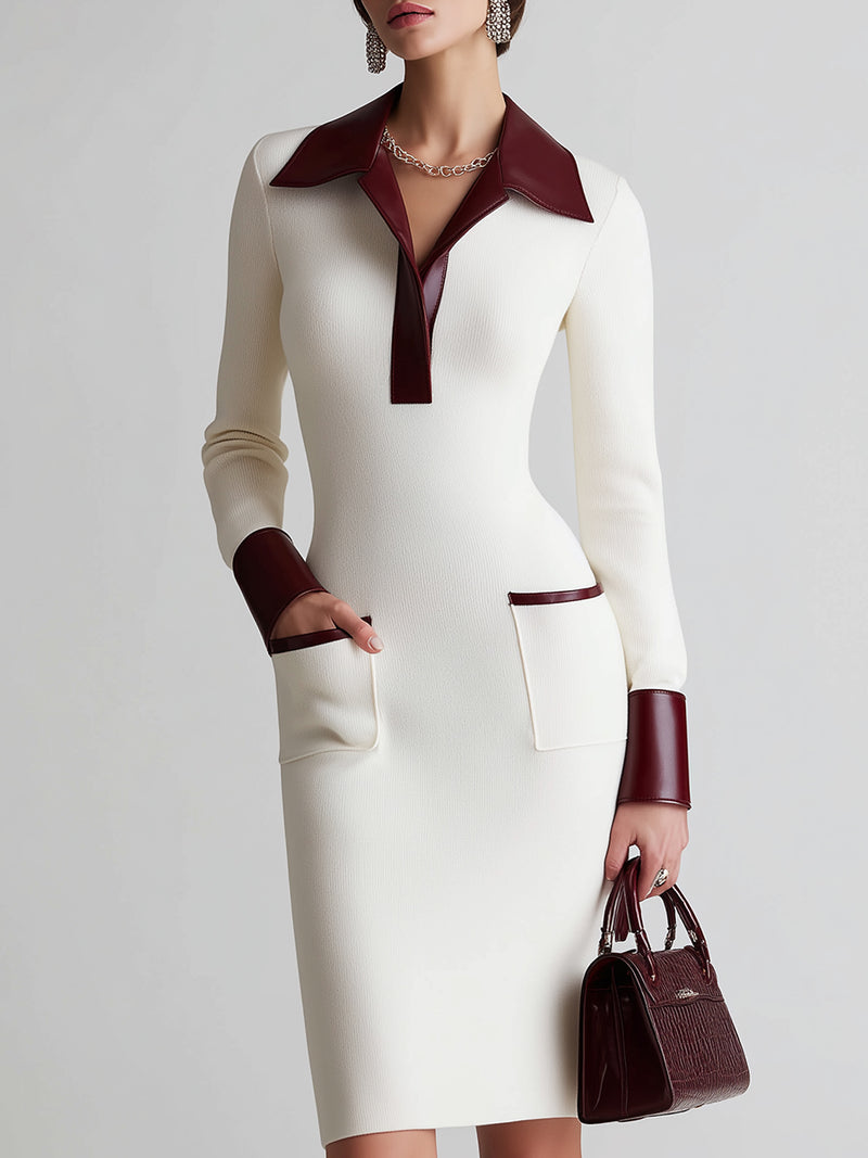 Ivory Knit Dress With Contrasting Burgundy Accents