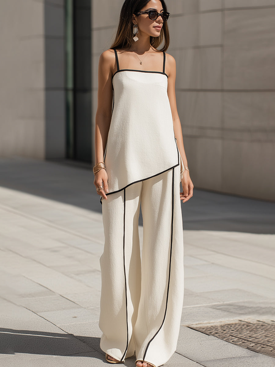 Asymmetric Piped Camisole Top & Wide-Leg Pants Two-Piece Set