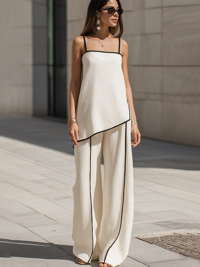 Asymmetric Piped Camisole Top & Wide-Leg Pants Two-Piece Set