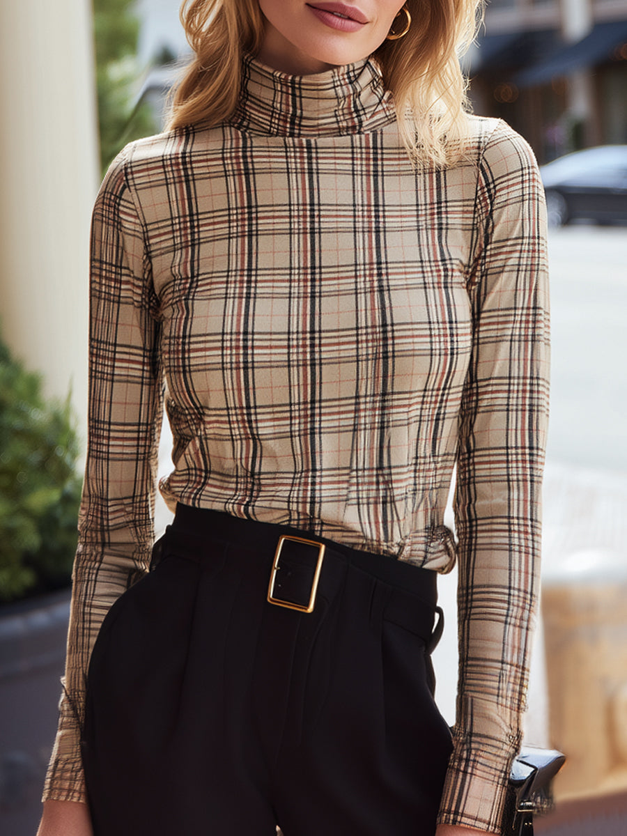Plaid Turtleneck Long Sleeve Top