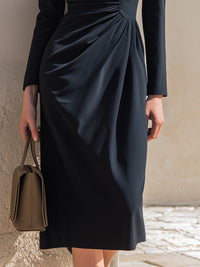 Navy Draped Long-Sleeve Midi Dress With Sculpted Waist