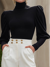 Black Puff Sleeve Turtleneck Top With White Wide-Leg Pants