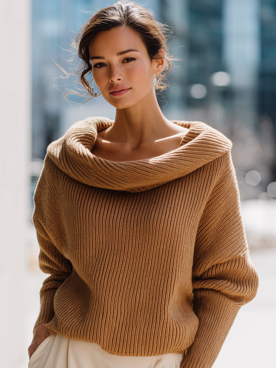Camel Ribbed Off-the-Shoulder Knit Sweater