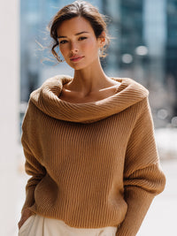 Camel Ribbed Off-the-Shoulder Knit Sweater