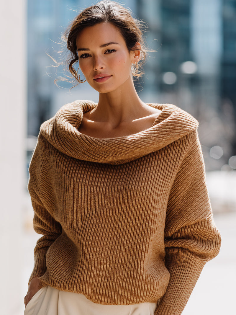 Camel Ribbed Off-the-Shoulder Knit Sweater