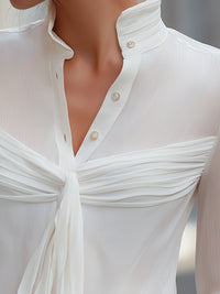 White Pleated Front Button-Up Blouse