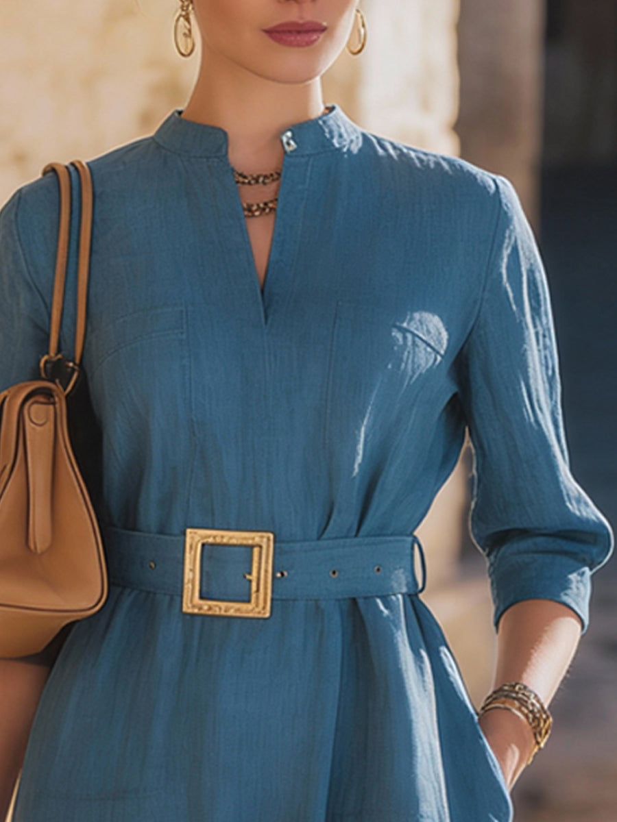 Belted Mandarin-Collar Midi Dress