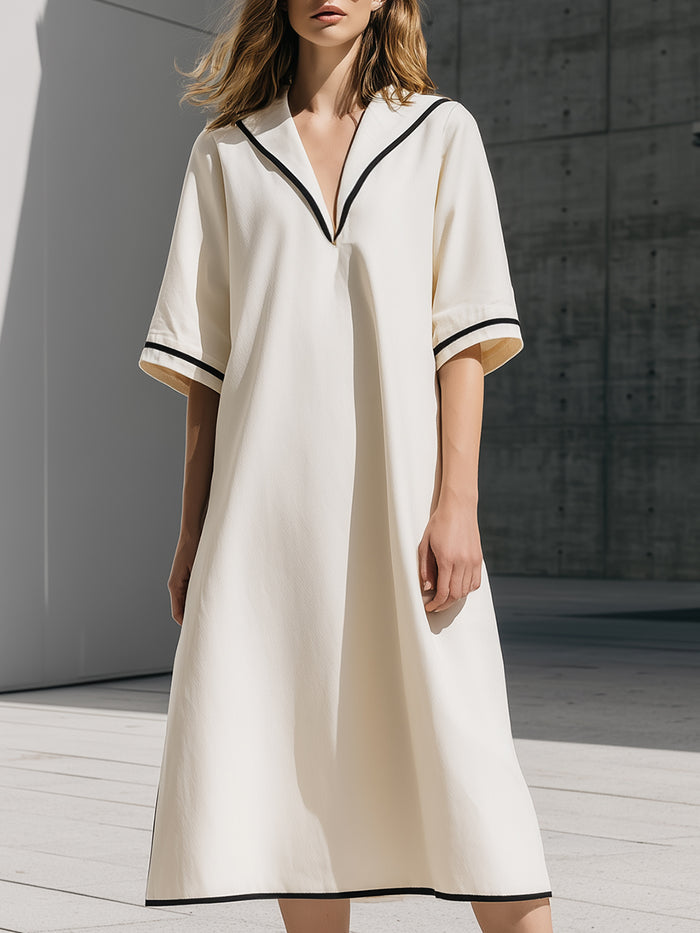 Minimalist Notched V-Neck Piped Midi Shift Dress