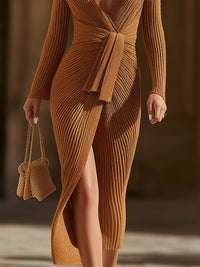 Metallic Ribbed Wrap Dress