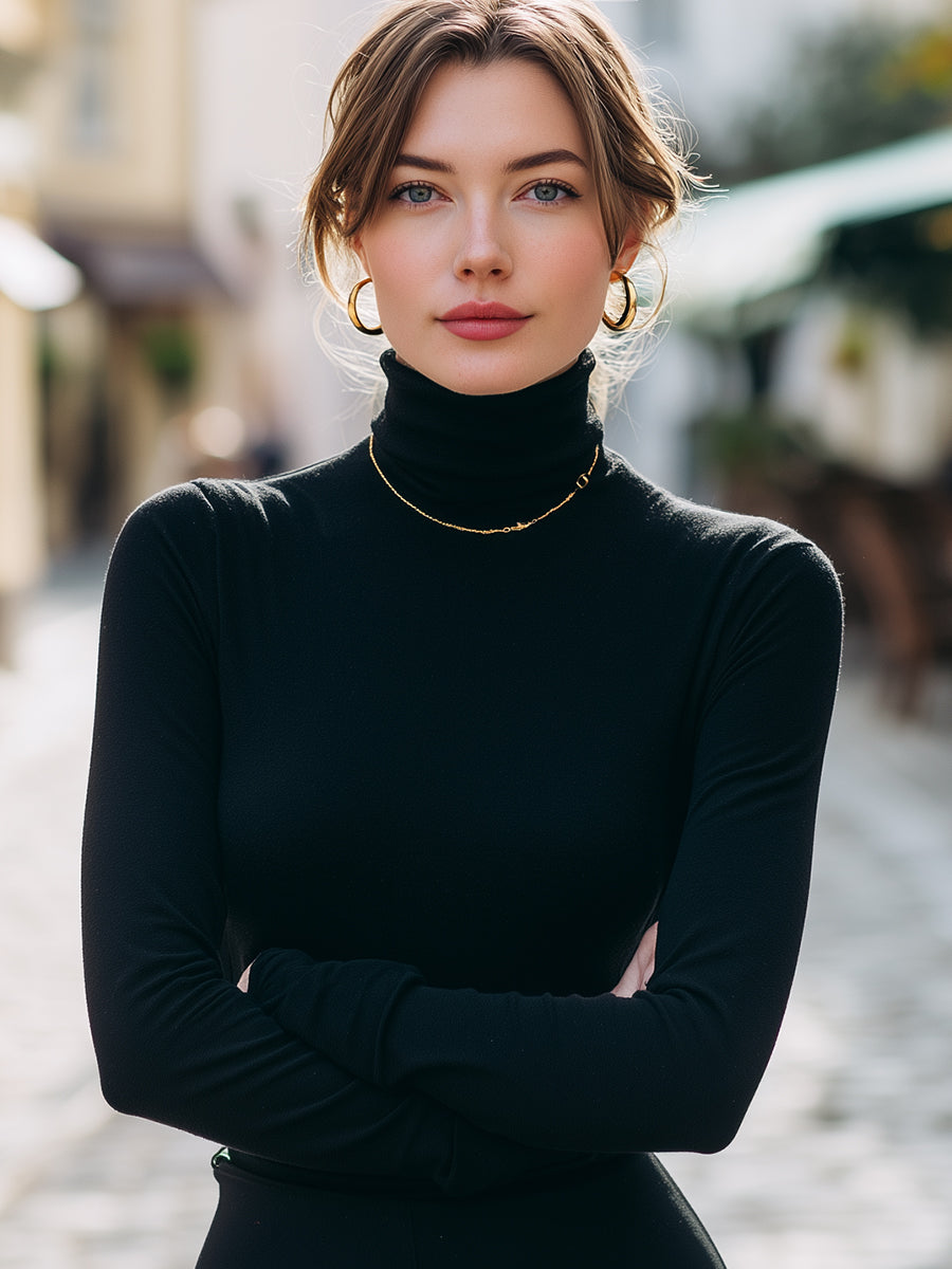 Black Essential Stretch Turtleneck Top