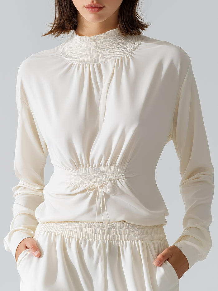 Smocked High-Neck Long Sleeve Blouse With Adjustable Drawstring Waist