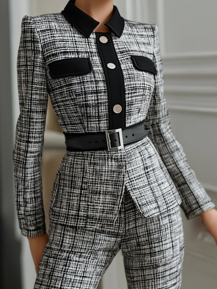Monochrome Tweed Belted Power Suit Set