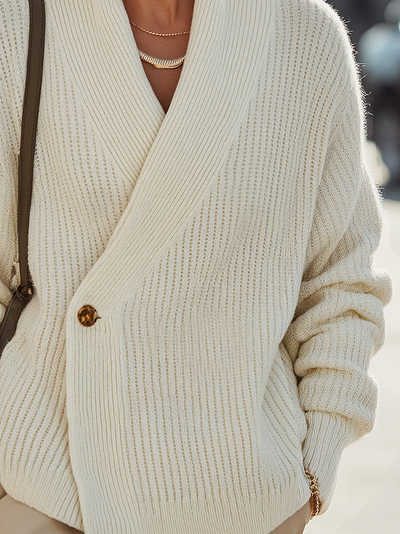 Ivory Ribbed Wrap Cardigan With Button Detail
