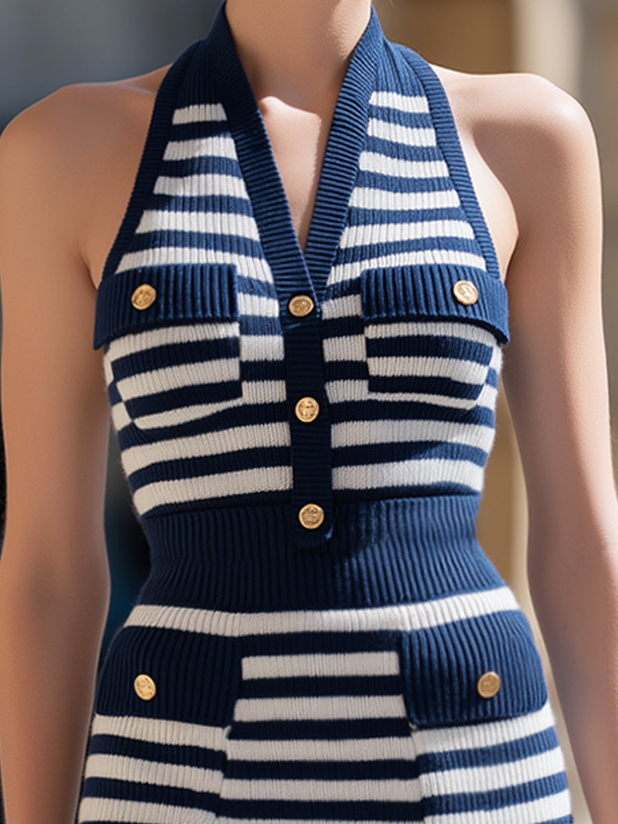 Halter Neck Striped Button-Detail Knit Midi Dress