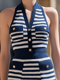 Halter Neck Striped Button-Detail Knit Midi Dress