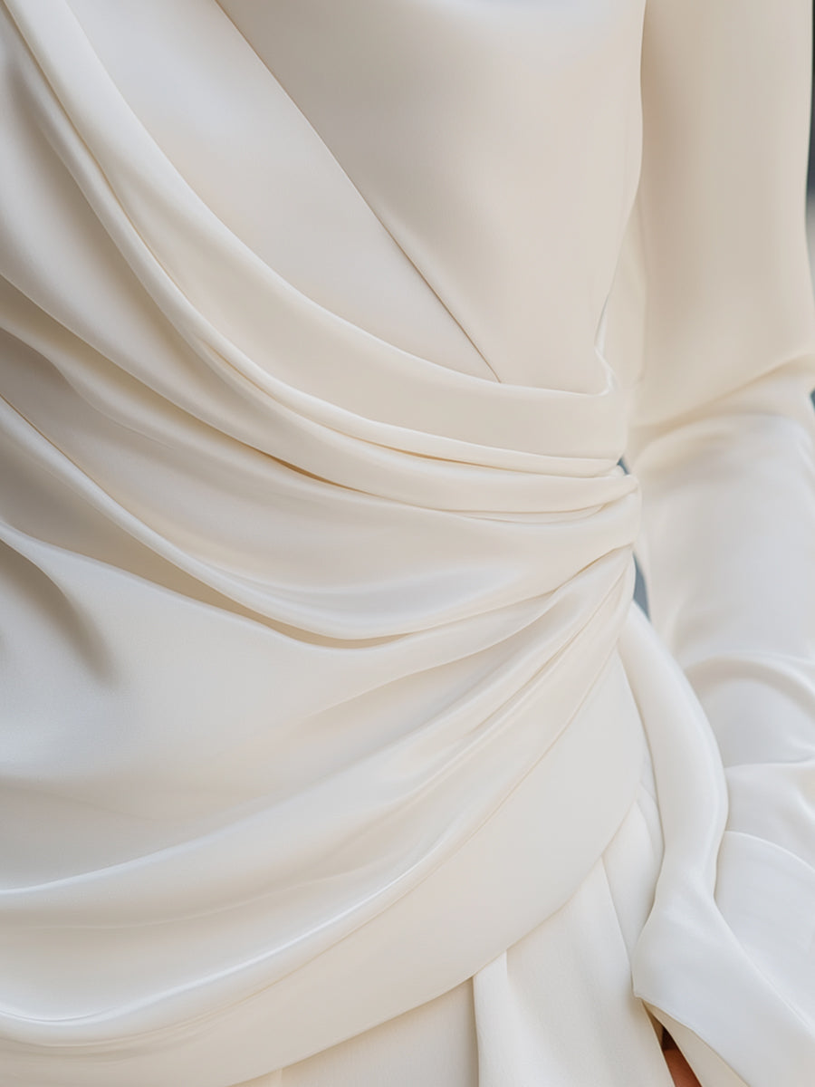 Draped Satin Long-Sleeve Blouse