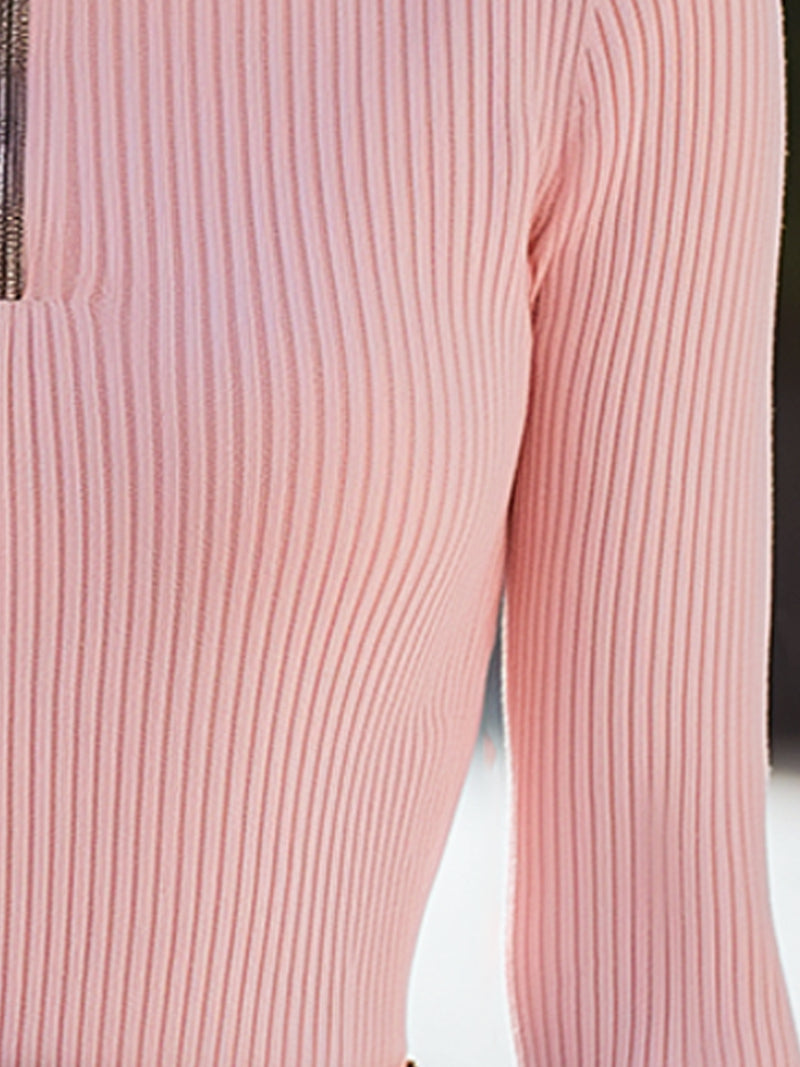 Blush Pink Ribbed Half-Zip Knit Top