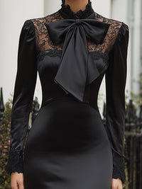 Satin Midi Dress With Lace Detail And Bow Tie Neck