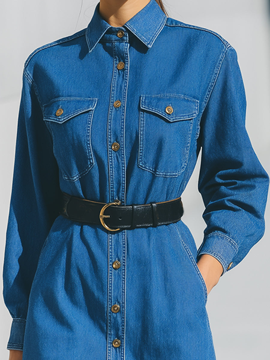 Denim Shirt Dress With Belted Waist In Classic Blue