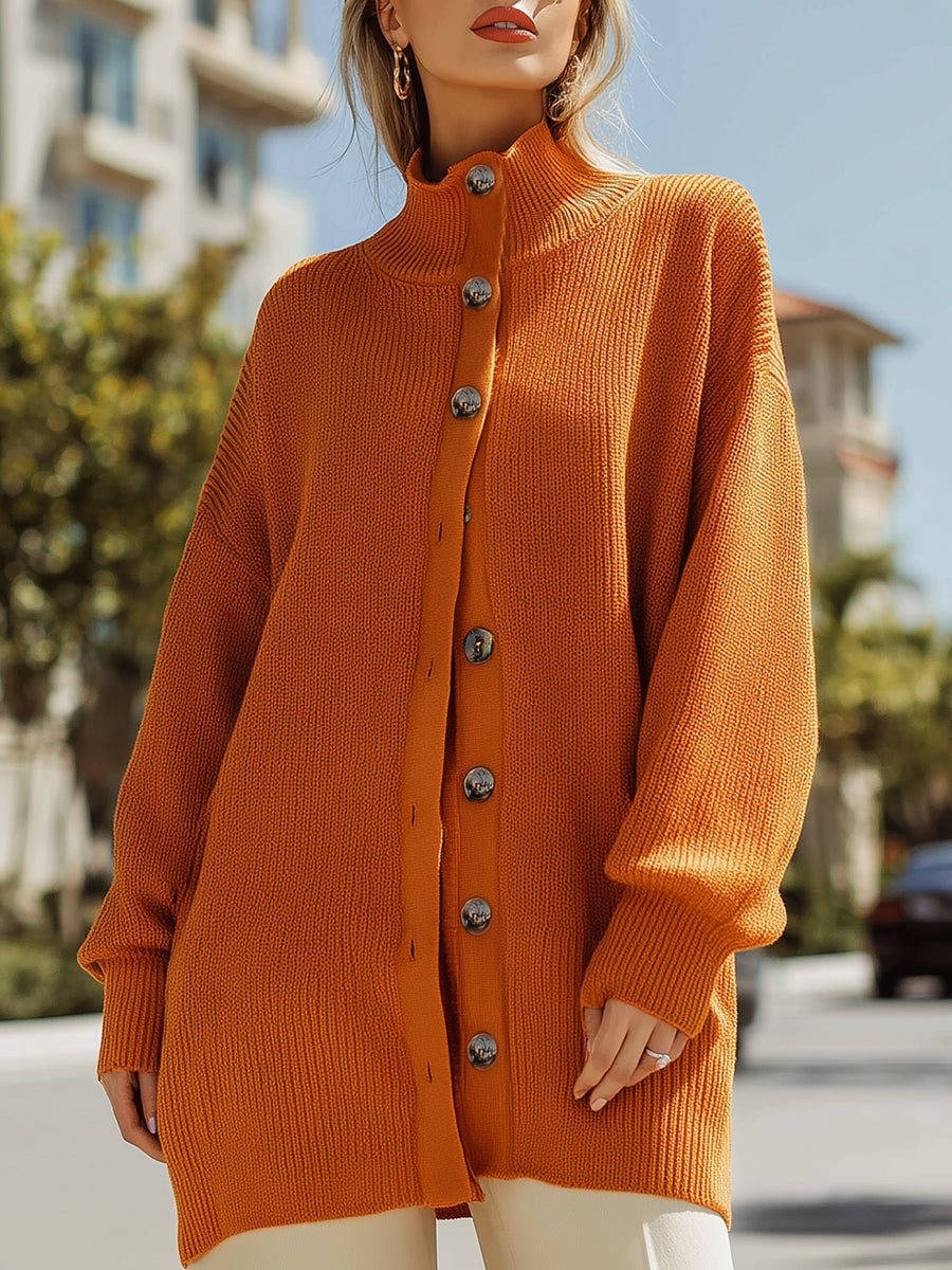 Pumpkin Orange Turtleneck Button-Down Cardigan