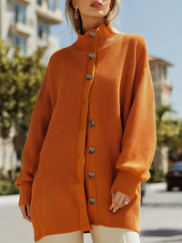 Pumpkin Orange Turtleneck Button-Down Cardigan