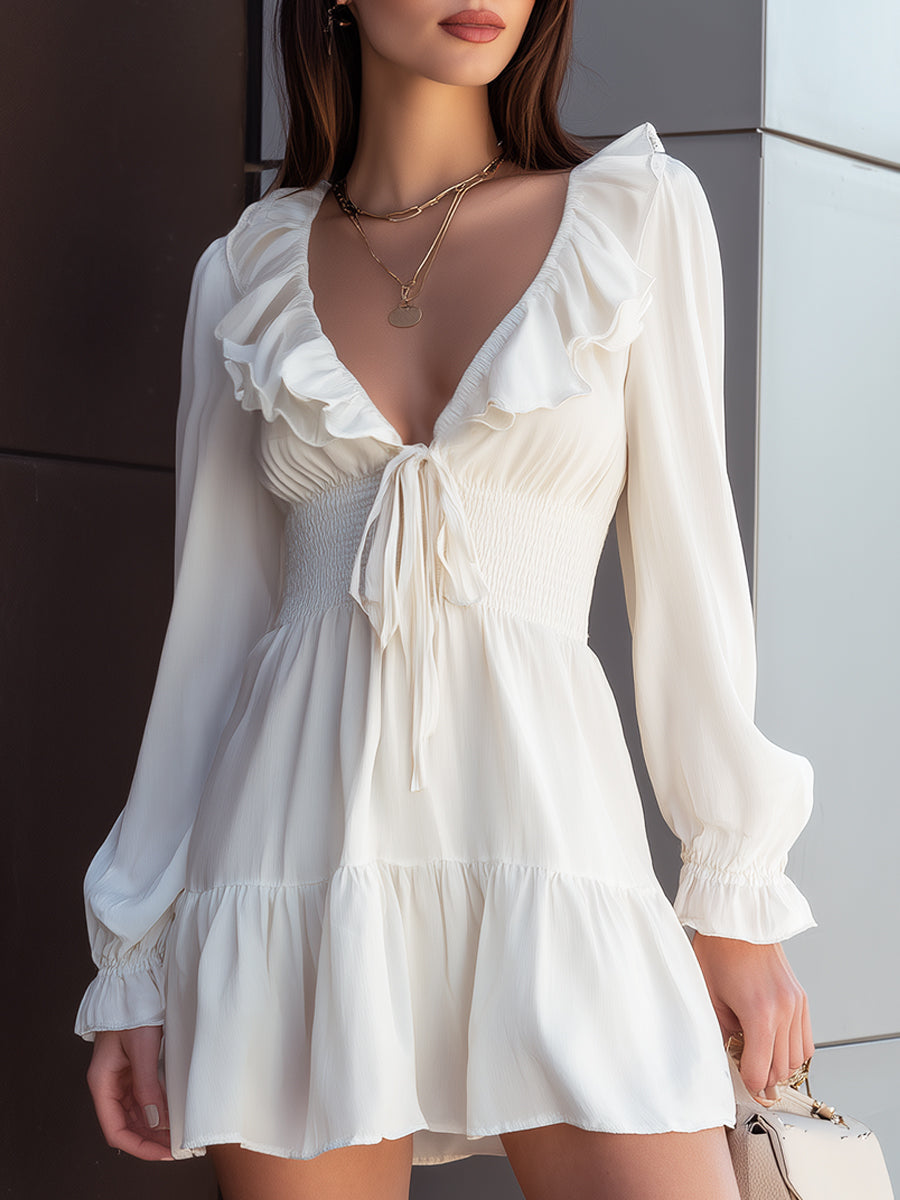 Ruffled V-Neck Mini Dress With Tie Detail