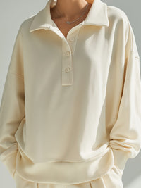 Relaxed Cream Button-Collar Pullover Sweatshirt