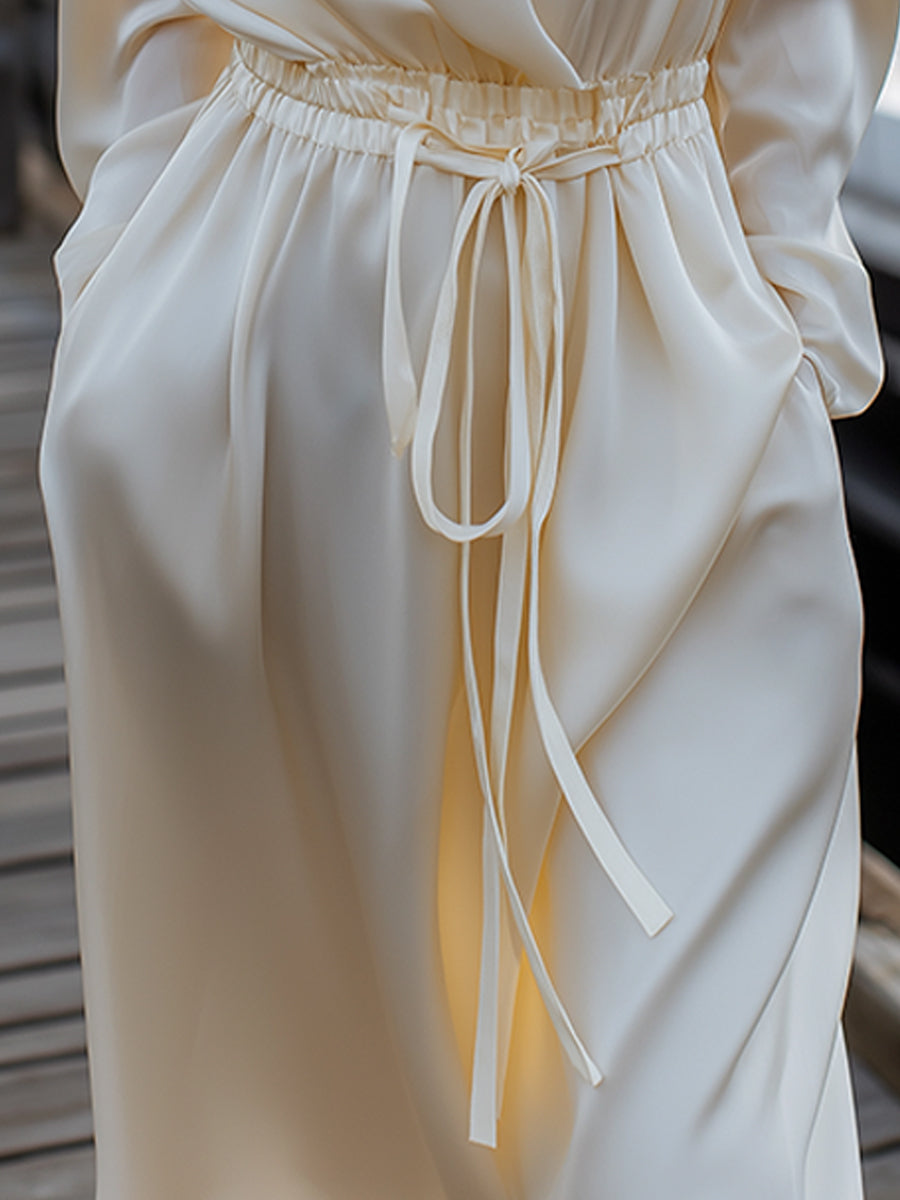Ivory Satin Drawstring Dress With Long Sleeves