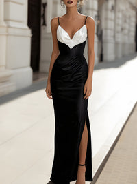 Colorblock Satin Maxi Dress With Side Slit