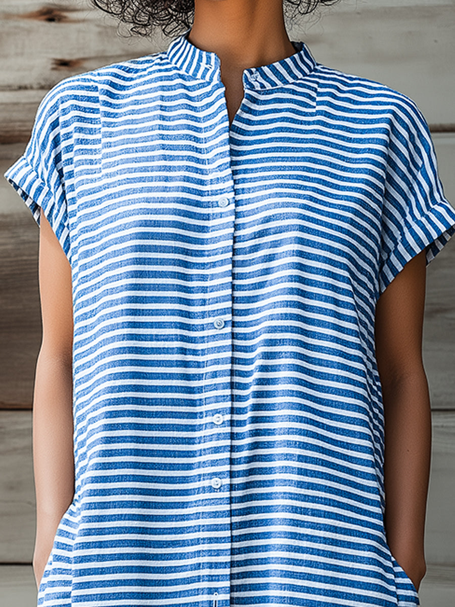 Striped Stand Collar Button-Front Shirt Dress