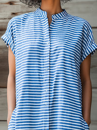 Striped Stand Collar Button-Front Shirt Dress