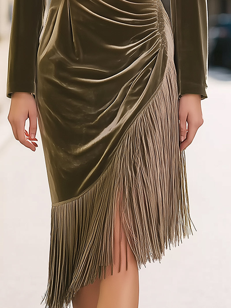 Velvet Double-Breasted Tassel Hem Suit Dress