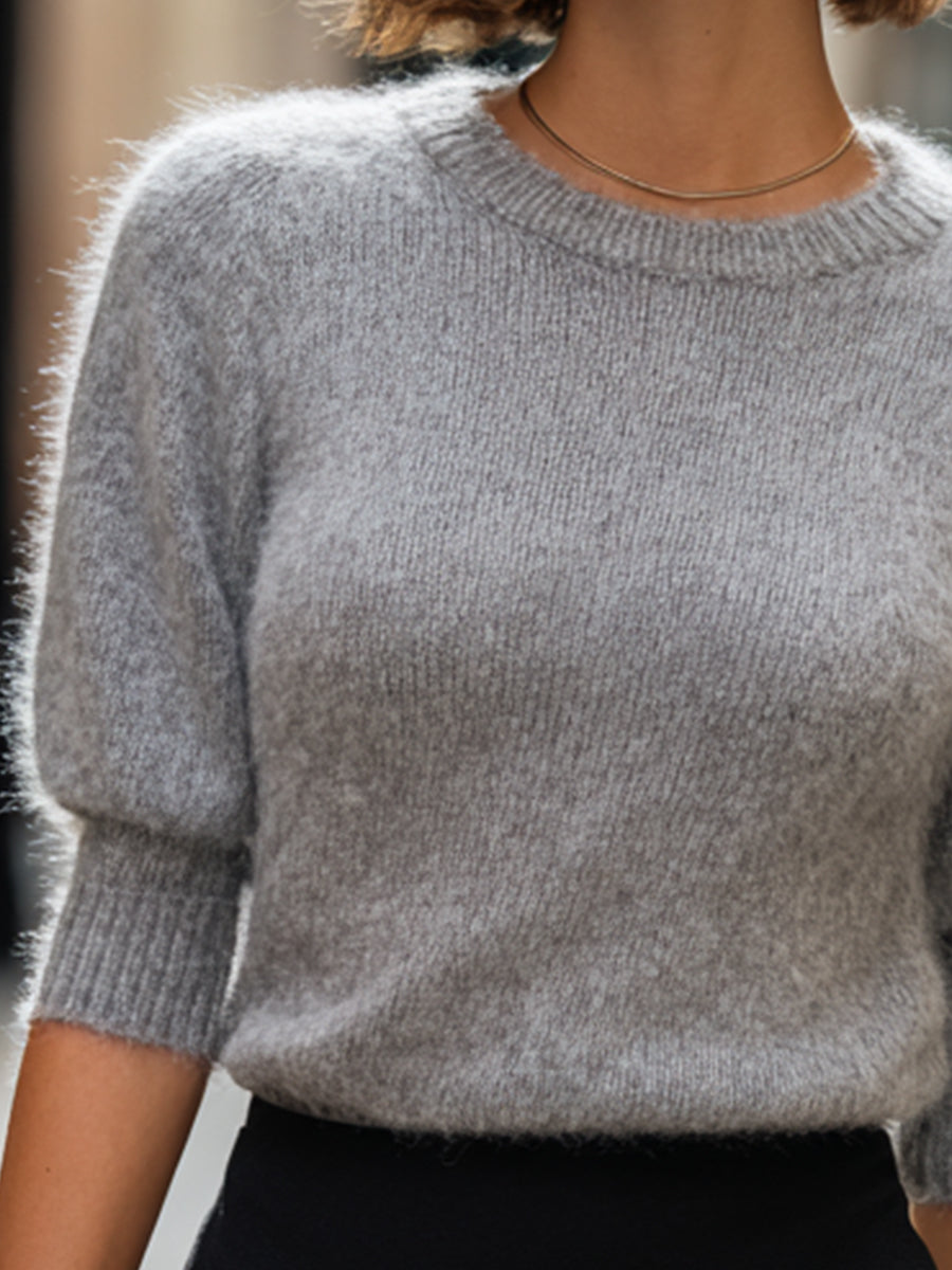 Grey Soft-Knit Half-Sleeve Fuzzy Sweater