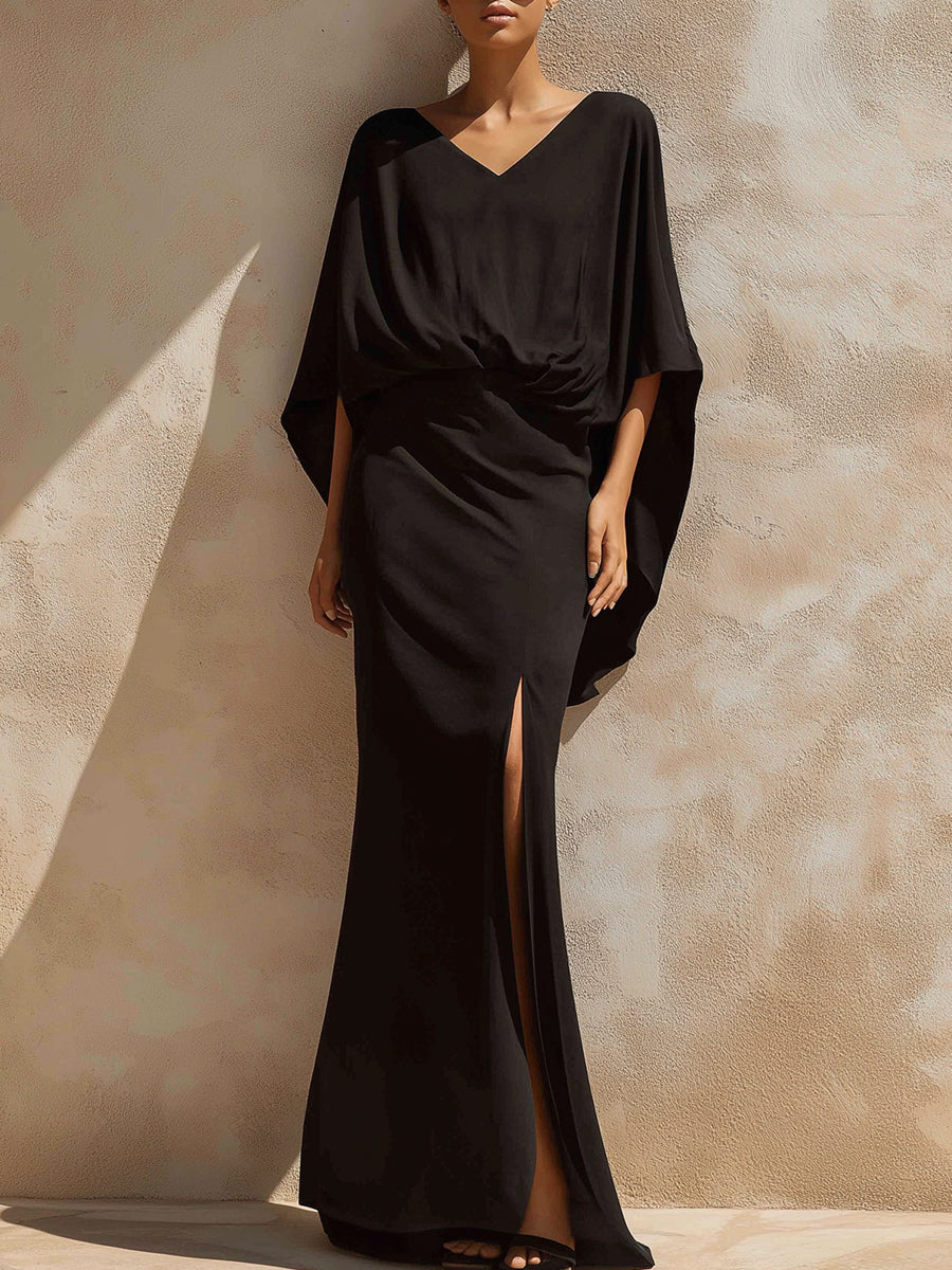 Draped Cape Sleeve Maxi Dress With Side Slit